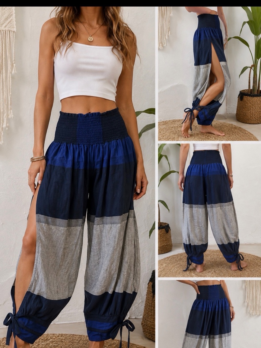 Boho Harem Pants Wide Leg Side Slit Ankle Tie Colorblock Cotton NWT OS